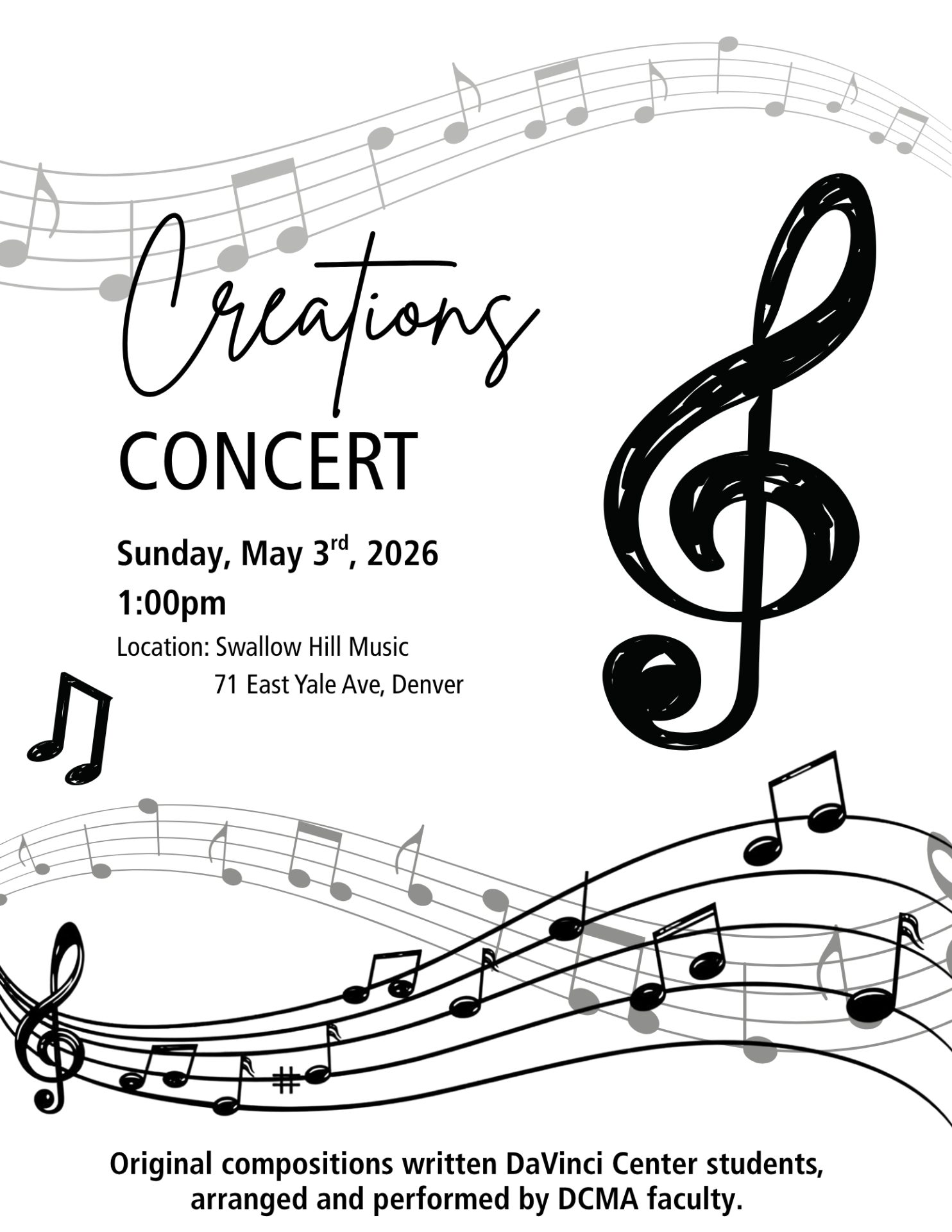 Image of our Creations Concert Poster. The Concert is on May 3rd at 1:00.